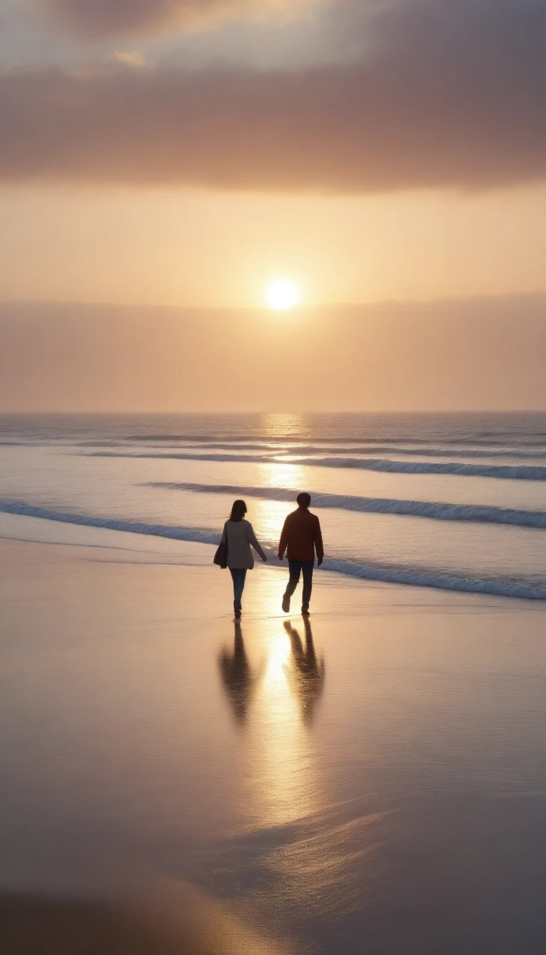 8K, Vivid picture quality, desolate long beach, Two people, a man and a woman, walking on the beach from afar, short hair woman, red light of sunset, alone, afternoon, depressed, tide가 밀려온다, ocean, tide, wind, short korean woman, 잔잔한 tide, Perfect photos with vivid image quality, wearing a casual jacket and jeans