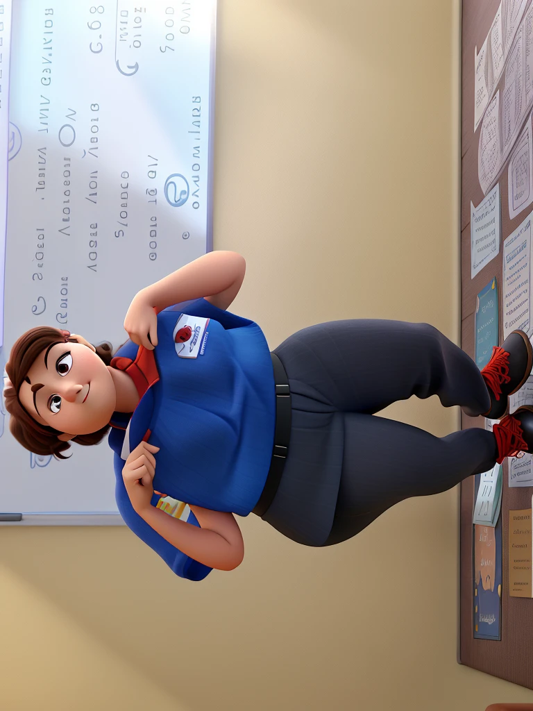 a woman, pixar, disney, cartoon style teacher, with brown hair, inside a classroom inviting people to attend her classes