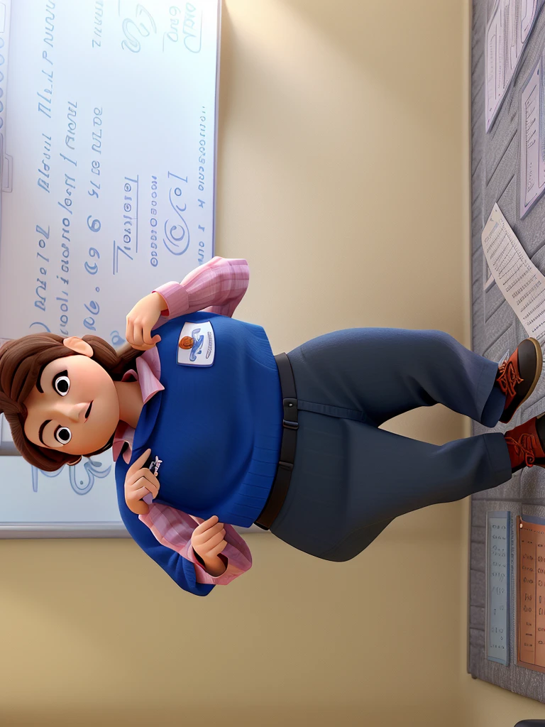 a woman, pixar, disney, cartoon style teacher, with brown hair, inside a classroom inviting people to attend her classes