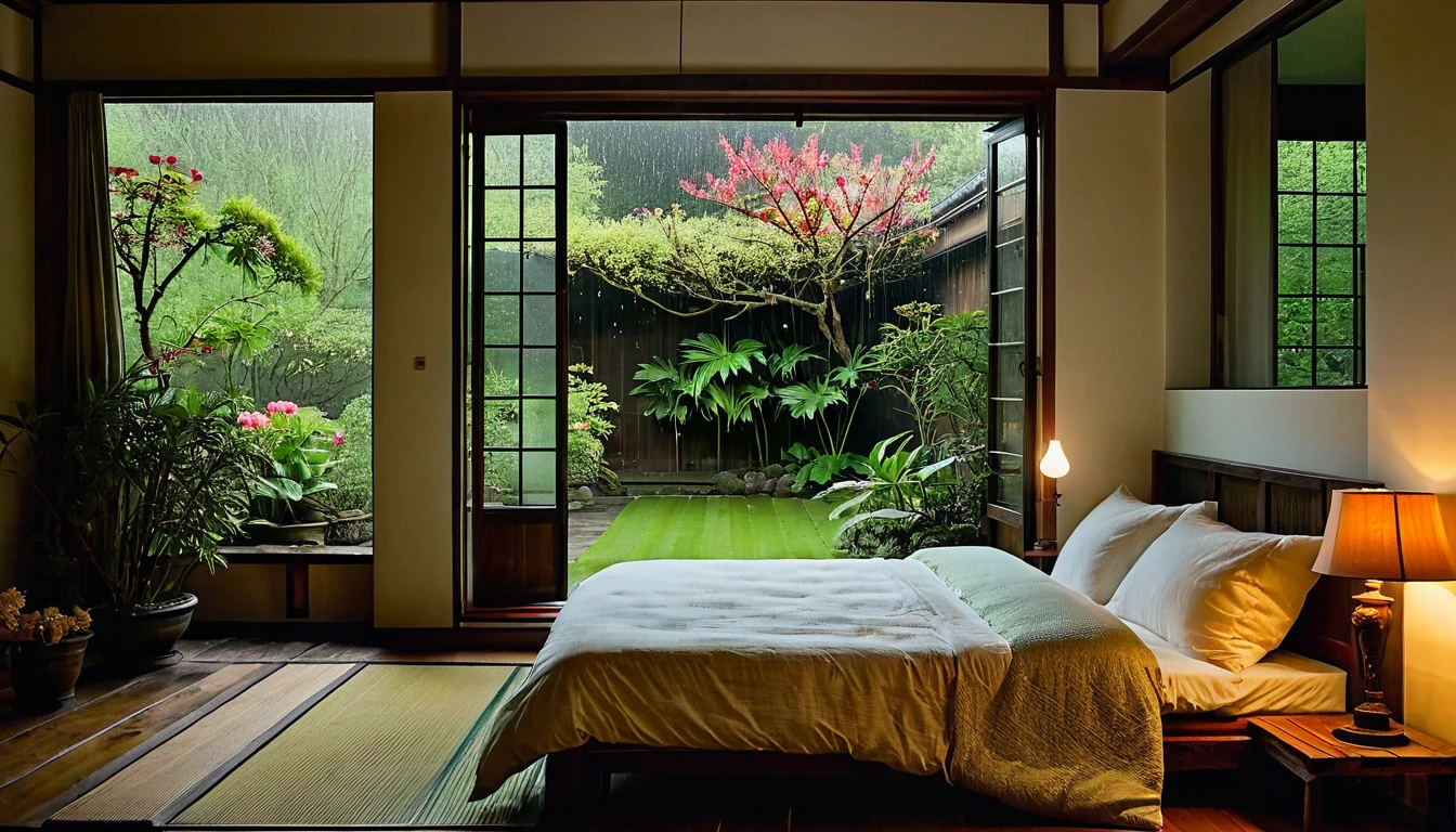 The picture shows a cozy bedroom with large windows offering views of the beautiful, dimly lit garden AND FLOWER-soaked gardens. CINEMATIC, gloomy, cloudy atmosphere outside JAPANESE HOUSE, This room has tatami floors, shoji doors and minimalist wooden furniture. . The bed was unmade with crumpled sheets, indicating only sleep in peace. looks dim, gloomy. Beside the bed there is a small table with a classic lamp burning which radiates warm light into the room. Outside the window, lush green plants can be seen on the terrace or balcony area, rain is falling, the lamp on the left provides warm lighting, creating a calm and peaceful atmosphere. with mist partially obscuring the landscape in the distance. The contrast between the warmth indoors and the rain outdoors creates an inviting and calming atmosphere
