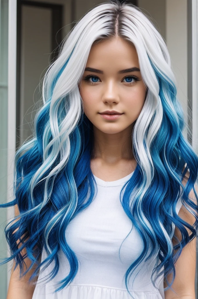 White and blue gradient wavy hair girl