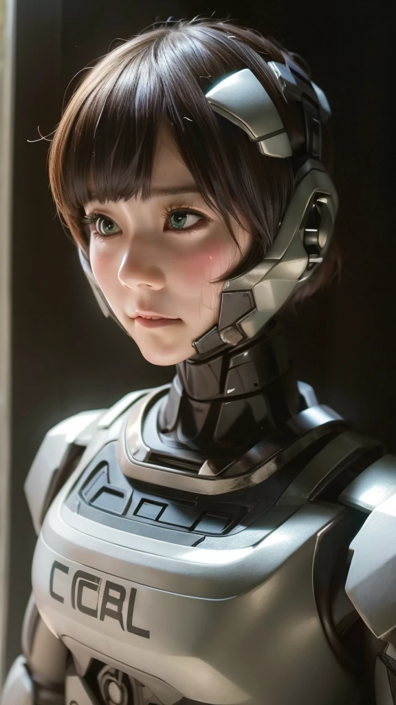 Textured skin, Very detailed, Attention to detail, high quality, 最high quality, High resolution, 1080P, hard disk, beautiful,(War Machine),beautifulサイボーグ女性,Dark Green Mecha Cyborg Girl,Fight,Girl with a mechanical body,、Kindergarten girl　Boyish short hair、Sweaty brown eyes、Sweaty face、Expressions of distress　Blushing　cute　Black-haired　((Steam coming from the head)) (Steam coming out of the whole body) Cool pose　No skin showing　Transformation pose