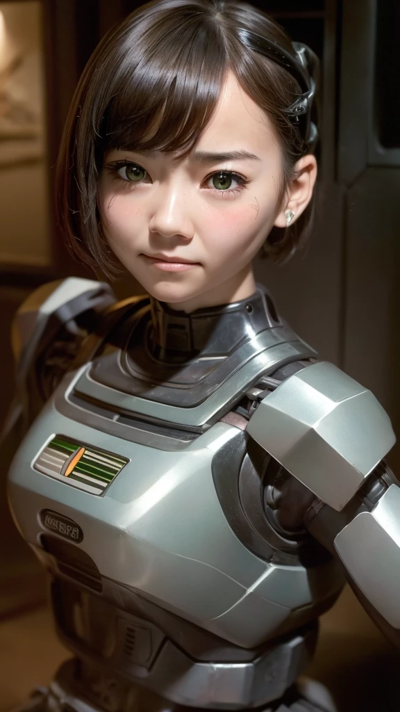 Textured skin, Very detailed, Attention to detail, high quality, 最high quality, High resolution, 1080P, hard disk, beautiful,(War Machine),beautifulサイボーグ女性,Dark Green Mecha Cyborg Girl,Fight,Girl with a mechanical body,、ergartl　Boyish short hair、Sweaty brown eyes、Sweaty face、Expressions of distress　Blushing　cute　Black-haired　((Steam coming from the head)) (Steam coming out of the whole body) Cool pose　No skin showing　Transformation pose