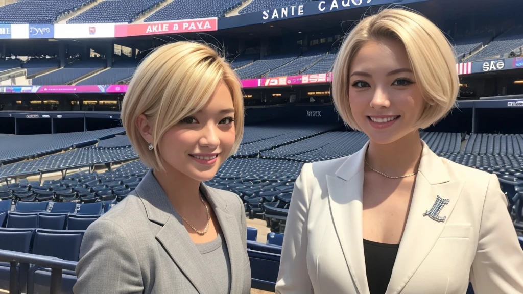 A female announcer in a suit is broadcasting live from Yankee Stadium.。Blonde Short Hair。smile