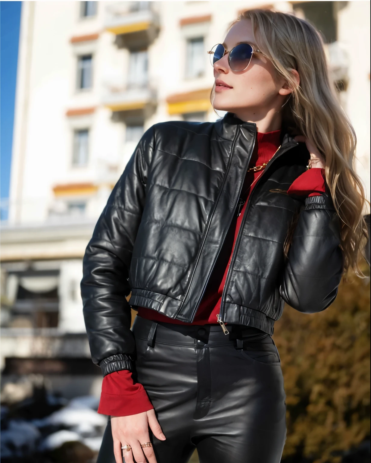 a one woman, americana, age 25, pale skin and freckles, grey-eyed, delicate nose, soft and delicate lips, distant, distant, wavy, waist-length blonde hair, Sweet smile, face with delicate feminine facial features, Highly Rendering, golden bracelet