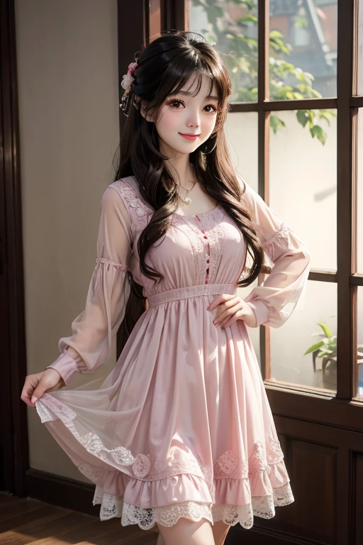 A young Asian woman with long dark hair wearing a pink lace dress, smiling at the camera