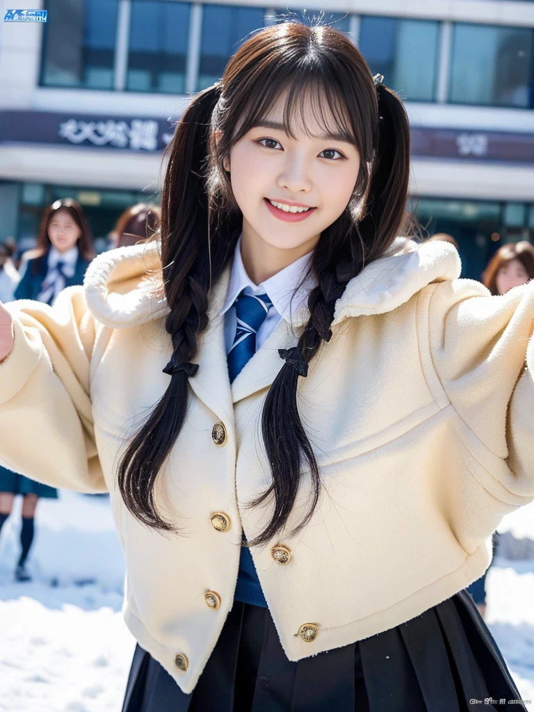 (A super cute Korean female college student duo takes a commemorative photo together wearing fluffy coats over their school uniforms:1.2)(grin,smile:1.1)(Beautiful Sweat:1.1)(16K, RAW Photos, Highest quality, masterpiece: 1.2),(Glossy black hair with cute twin tails) Super detailed, Super Resolution, (Genuine, Genuine photos: 1.37), Portraiture, High-resolution RAW color photos, Professional photos, Very detailed, 8k wallpaper, Very detailed CG Unity 8k wallpaper, Very detailed beautiful girls, Very detailed faces, ((whole body)), beautiful woman, Huge breasts,(huge boobs:1.1) (Big Boobs:1.1), beautiful (Wearing a tight and cute company-designated and a cute coat),high school girl, Korean Girls,(K-POP Female Idols), (Idol-class beauty)(Beautiful high school girl:1.1)(A park covered in heavy snow in midwinter)()(School uniform style outfit:1.1)
