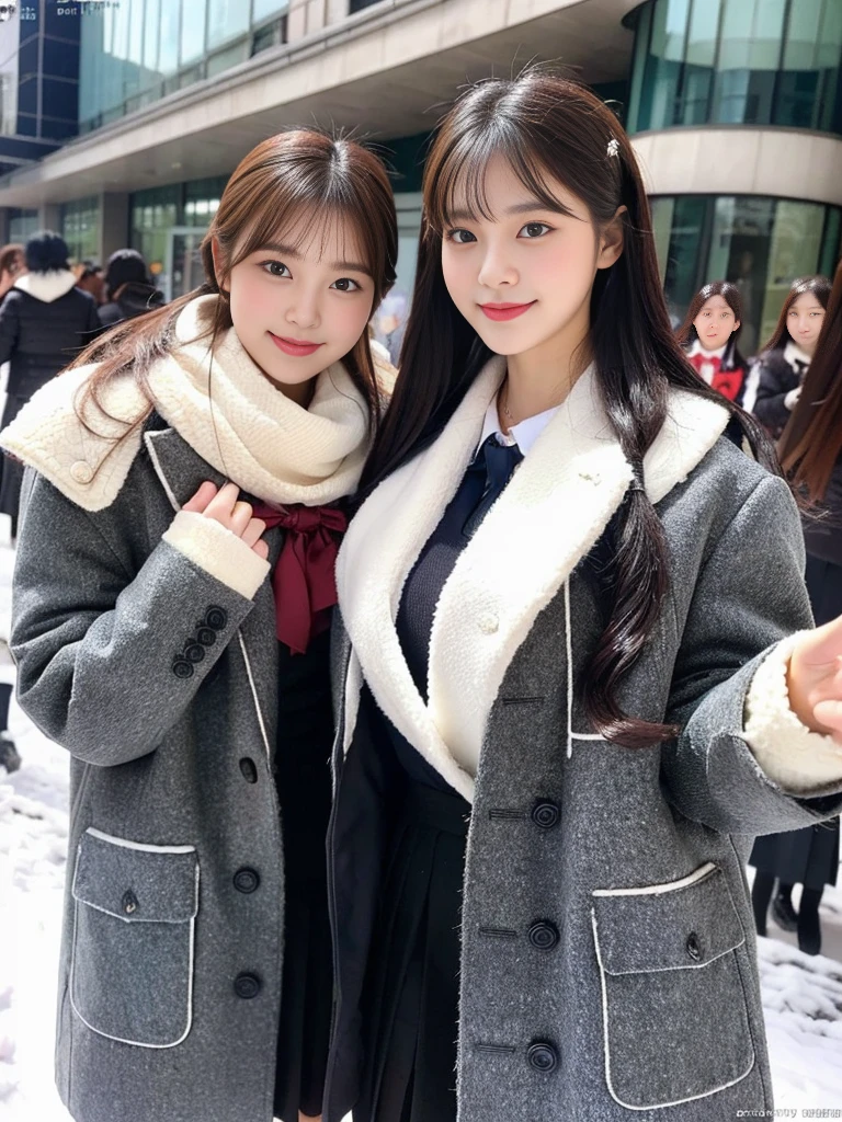 (A super cute Korean female college student duo takes a commemorative photo together wearing fluffy coats over their school uniforms:1.2)(grin,smile:1.1)(Beautiful Sweat:1.1)(16K, RAW Photos, Highest quality, masterpiece: 1.2),(Glossy black hair with cute twin tails) Super detailed, Super Resolution, (Genuine, Genuine photos: 1.37), Portraiture, High-resolution RAW color photos, Professional photos, Very detailed, 8k wallpaper, Very detailed CG Unity 8k wallpaper, Very detailed beautiful girls, Very detailed faces, ((whole body)), beautiful woman, Huge breasts,(huge boobs:1.1) (Big Boobs:1.1), beautiful (Wearing a tight and cute company-designated and a cute coat),high school girl, Korean Girls,(K-POP Female Idols), (Idol-class beauty)(Beautiful high school girl:1.1)(A park covered in heavy snow in midwinter)(17 years old)(School uniform style outfit:1.1)
