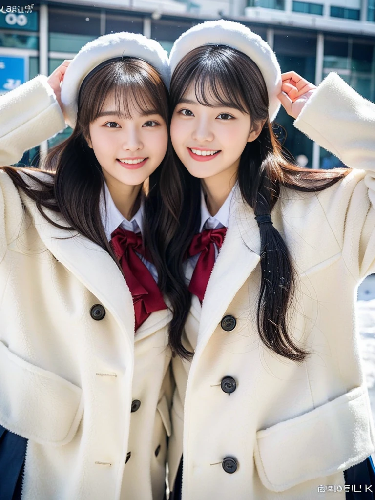 (A super cute Korean female college student duo takes a commemorative photo together wearing fluffy coats over their school uniforms:1.2)(grin,smile:1.1)(Beautiful Sweat:1.1)(16K, RAW Photos, Highest quality, masterpiece: 1.2),(Glossy black hair with cute twin tails) Super detailed, Super Resolution, (Genuine, Genuine photos: 1.37), Portraiture, High-resolution RAW color photos, Professional photos, Very detailed, 8k wallpaper, Very detailed CG Unity 8k wallpaper, Very detailed beautiful girls, Very detailed faces, ((whole body)), beautiful woman, Huge breasts,(huge boobs:1.1) (Big Boobs:1.1), beautiful (Wearing a tight and cute company-designated and a cute coat),high school girl, Korean Girls,(K-POP Female Idols), (Idol-class beauty)(Beautiful high school girl:1.1)(A park covered in heavy snow in midwinter)(17 years old)(School uniform style outfit:1.1)