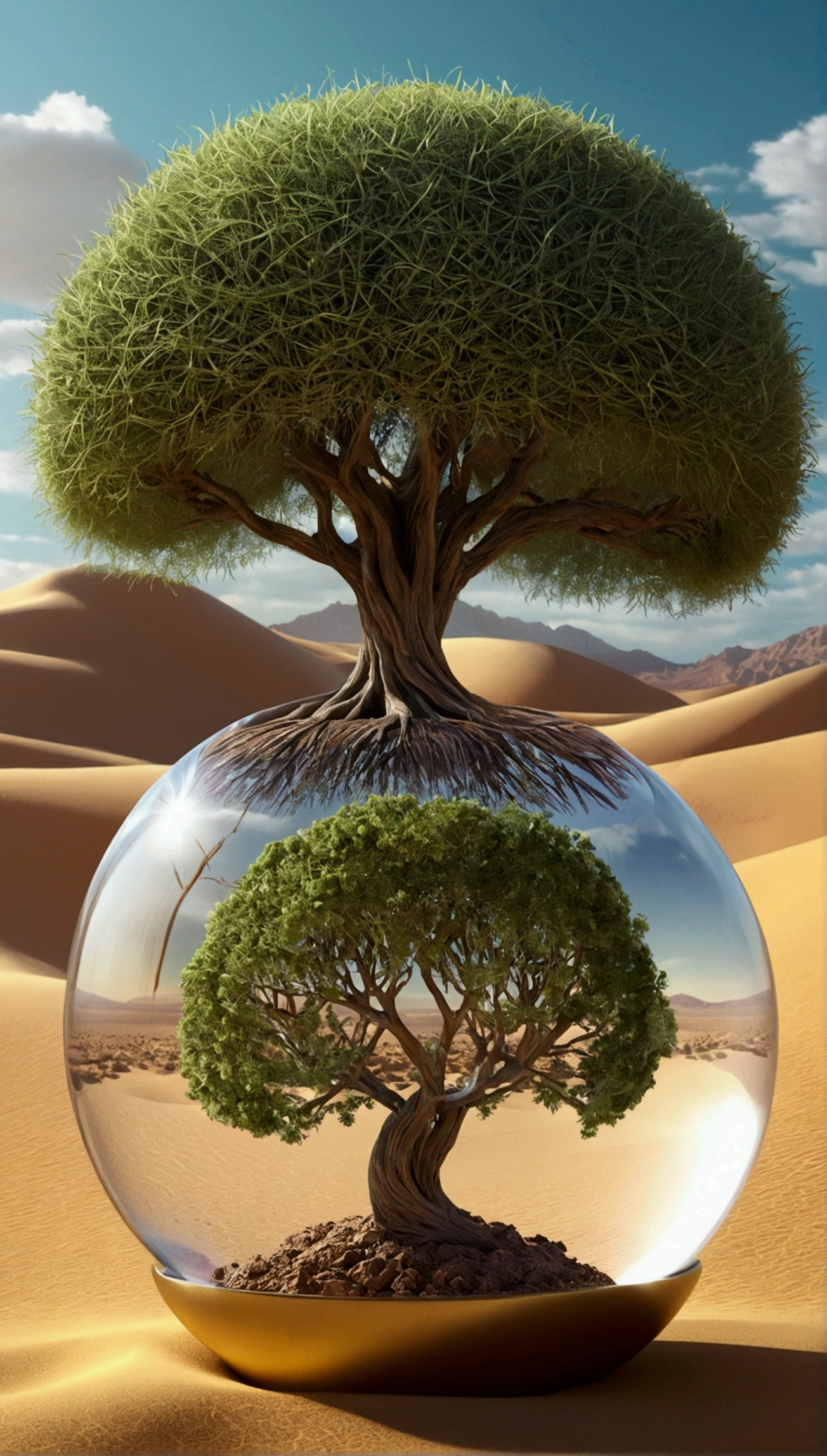 Image of a tree inside a glass ball in a desert landscape, tree of life inside the ball, Arte digital surrealista, surrealism 8k, surreal digital art, SurrealArt, surreal 3 d render, 3d renderizar arte digital, Mark Adamus, surreal concept art, 3 d render bipe, stylized digital art, 4 k surrealism