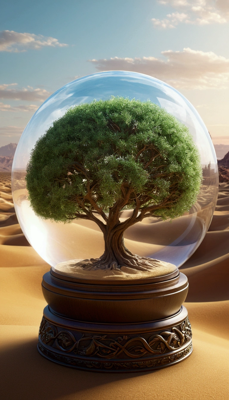 Image of a tree inside a glass ball in a desert landscape, tree of life inside the ball, Arte digital surrealista, surrealism 8k, surreal digital art, SurrealArt, surreal 3 d render, 3d renderizar arte digital, Mark Adamus, surreal concept art, 3 d render bipe, stylized digital art, 4 k surrealism