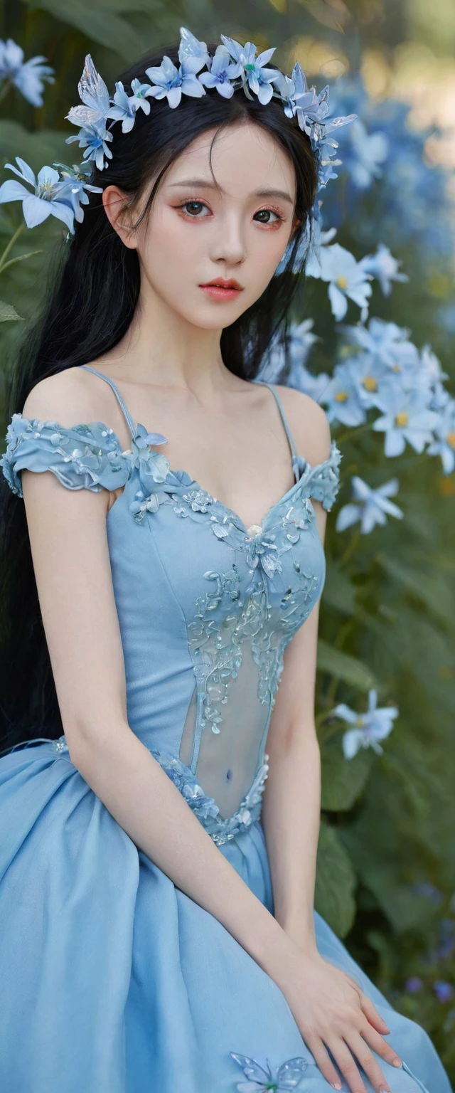 There is a woman in a blue dress sitting on the flowers, Beautiful adult fairy, fairy tale core, beautiful fairy, beautiful fairy, She has pale blue skin!!!, Stunning fairy 3d render, Astral Fairy, elf, 蓝色elf, Beautiful adult fairy queen, Beautiful adult book fairy, portrait of fairy, fae teenage girl, ball jointed doll