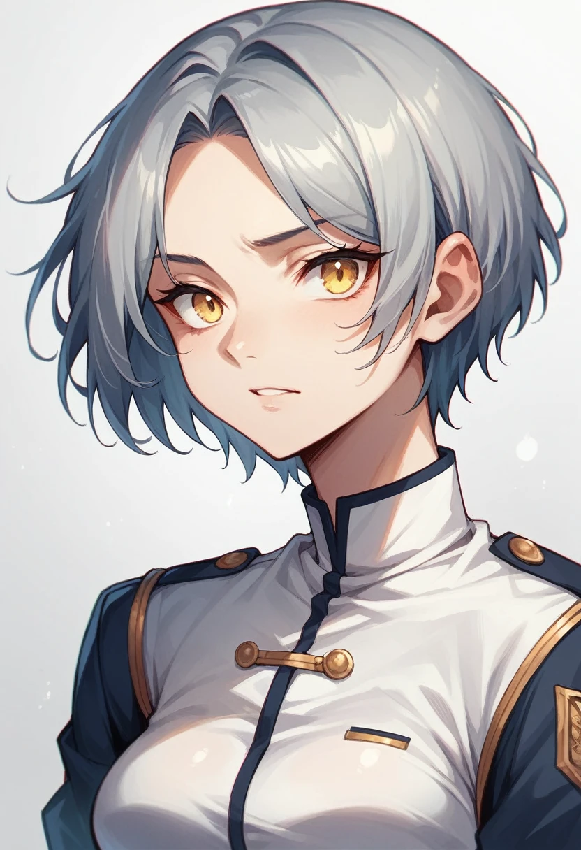 18-year-old,shiny navy hair,short hair,Parted bangs,Yellow Eyes,