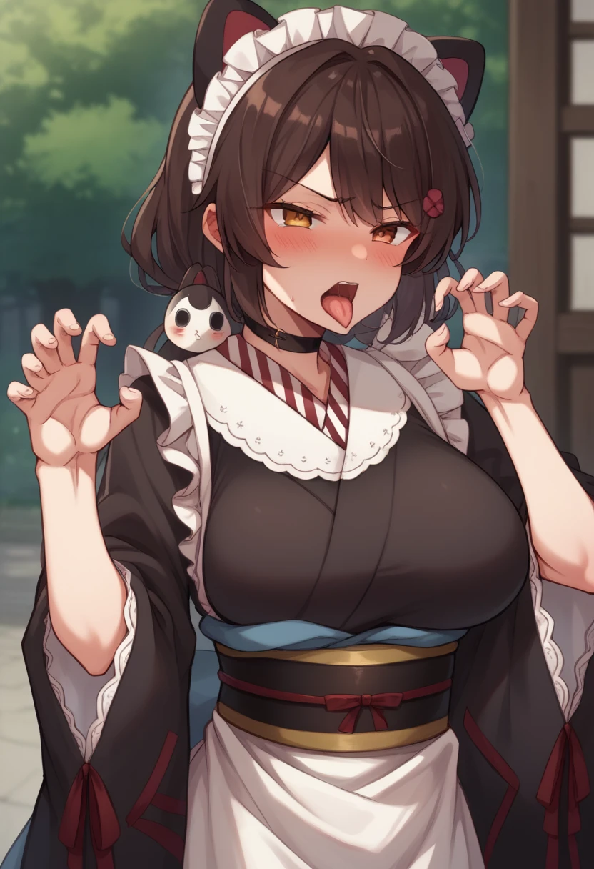 masterpiece,Highest quality,anime,Blowjobgesture,Blowjob_gesture,One girl,blush,Open_moutsideh,tongue_outside,White sweater,Large Breasts, Clenched fist
、choker, maid headdress, black kimono, wide sleeves, frills, obi, white apron, sleeves past wrists,srimk、blush、tongueを出す、Dark brown hair、Huge breasts、From above、Bedroom、In the middle of taking off clothes