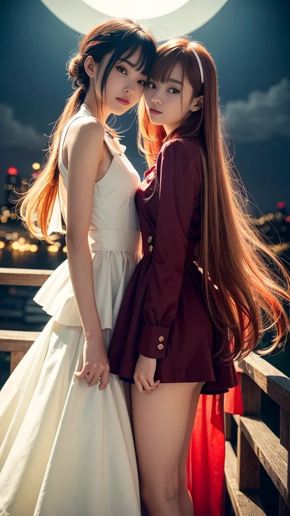 (Natural strawberry blonde and redhead girls with pretty faces), Cute pose, wearing a button dress, Atmospheric, Dark atmosphere, Edge lighting, Sayaka Yamamoto, Saito Asuka, Mao Akiyama's facial features, 8K, Full 体 portrait, Elegant outfit, Natural light, Spooky greenhouse at night, Sharp focus, (Highly detailed eyes and face:1.2, Professional photography techniques), (Beautiful small face, beautiful girl, high , Idol Face, Baby Face:1.4)Happy, K UHD, Beautiful and soft skin, Vibrant Skin, blush, (Chirarizum:1.3, Unbutton the dress:1.5), ((Beautiful breasts:1.2, Cleavage)), (Small beautiful butt), (Detailed hands:1.1, The optimal ratio is four fingers to one thumb), Perfect proportions, (Perfect Anatomy:1.3), (Highest quality, Masterpiece, Highest quality, Ultra high definition, Photorealism:1.4), ((Touching each other's breasts:1.4)), (Beautiful hair blowing in the wind:1.4)