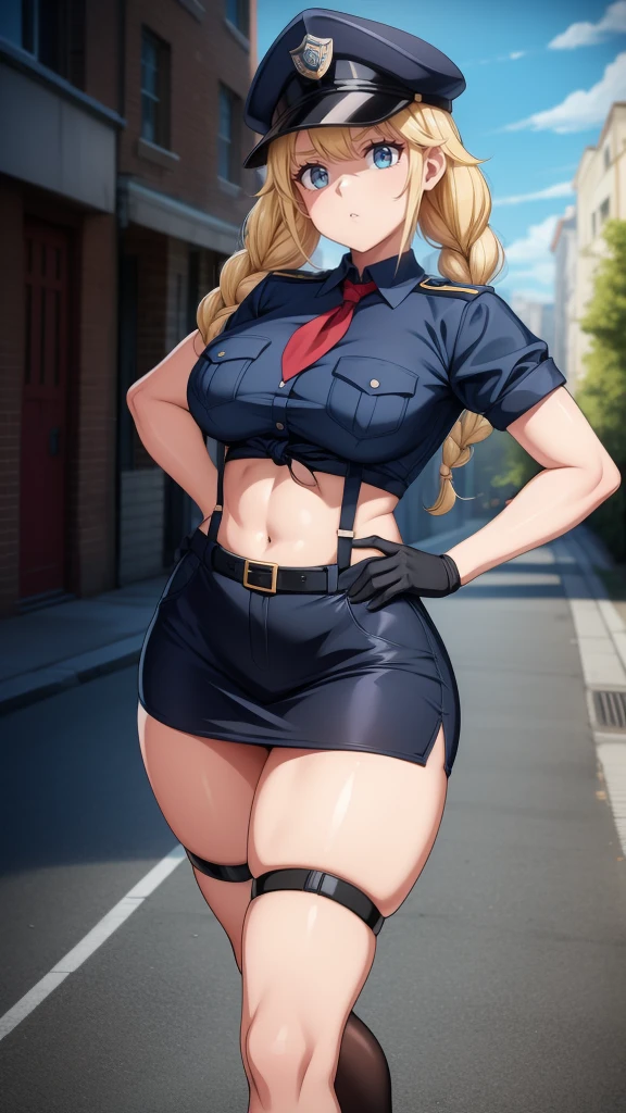 a cartoon character in a sexy suit posing on the street with a bush, policeman, police uniform, 1 girl, policewoman, shirt, skirt, hat, tie, police cap, blue eyes, gloves, breasts, blonde hair , thighs, solo, navel, suspender straps, looking at viewer, short sleeves, large breasts, underwear, miniskirt, midriff, ass visible through thighs, panties, outdoors, indentation, braid, hand on hip, belt, black skirt, uniform, collared shirt, flirty look, thigh highs, peaked cap, crop top, black panties, blue shirt, chest pocket, V-shaped eyebrows, Eiko Tsukimi, blue eyes, braid, twin braid , blonde hair, baseball cap