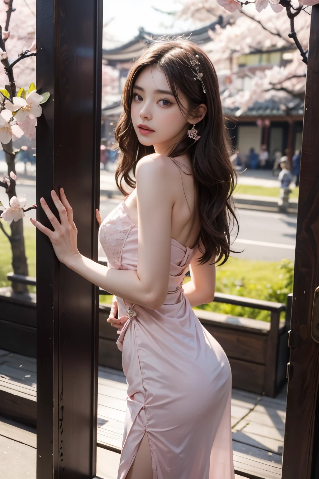 32k, ultra HD, Masterpiece, 1 girl, (good face:1.4), detailed eyes, very long hair, princess dress, (pale pink dress:1.5), (wearing jwellery:1.5), (cherry blossom:1.5), (bloom effect:1.5), Detailed Fantasy Art, Stunning Character Art, beautiful Exquisite Character Art, Beautiful, Extremely Detailed, Exquisite Intricate Headdress and Jewellery, perfect body,Small breasts,Flat Bust,The belly button and the surrounding area are exposed,Pale pink underwear,Thin string underwear,Thin cotton underwear,Korean beautiful girl dancer,Are thin,Small Ass,余りにもSmall breasts過ぎてブラジャーと肌の間がガラ空きなのである,Beautiful nipples,Beautiful body,Beautiful looks,