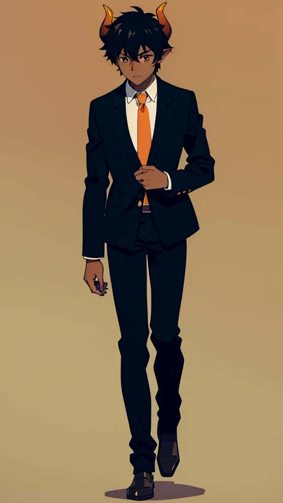 (1boy,20 years old,solo),((dark skin)),short hair,black hair,elf ears,(horns),orange eyes,(no background, simple background),necktie,black jacket, blazer,long sleeves,pants,full body,walking,from front,looking away,timid
