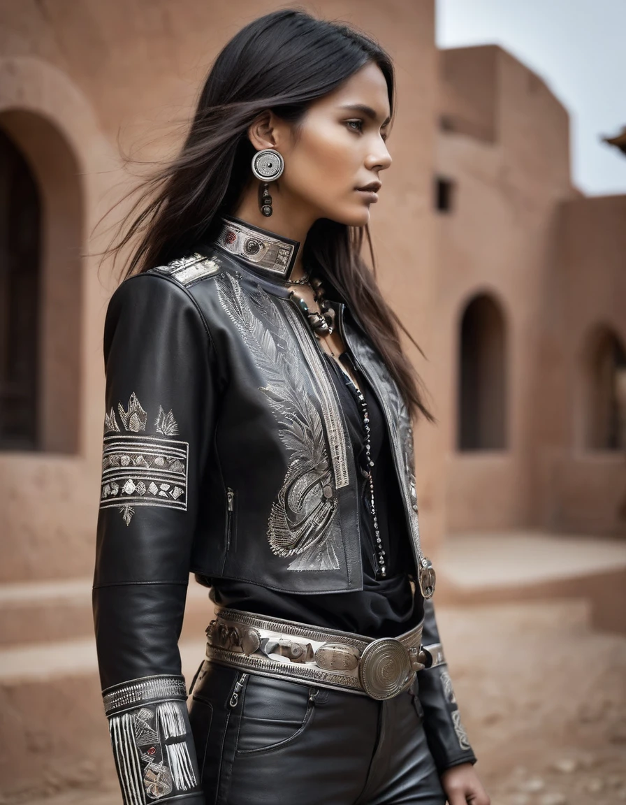 General Concept:
- Umzac men's clothing must fuse the aggressiveness and aesthetics of metal with Colombian indigenous artistic and cultural elements. The goal is to create a powerful, unified image that highlights both the individuality of each member and their cohesion as a band..
- Black long-sleeved shirt made of durable material, such as leather or heavyweight fabric. The shirt has embroidered details with indigenous motifs on the shoulders and collar, including geometric patterns and representative figures of the Muisca culture.
- The sleeves have leather inserts and small metal studs on the elbows, adding a touch of robustness and style.
- Black leather jacket with multiple studs and metal band patches, as well as hanging chain details. The jacket includes discreet indigenous embroidery on the back and shoulders, creating a cultural connection without losing the metal aesthetic.
- Sleeves with zippers and additional pockets for a more functional and versatile look.
- Tight black leather pants, with chain details and metallic patches. The sides of the pants have tribal embroidery and small studs, providing a distinctive and artistic element.
- Reinforced knee pads and zipper details on the ankles for a more dynamic and aggressive look.
- Wide black leather belt with a large buckle decorated with indigenous motifs and metal details. Leather strips with small beads and feathers hang from the sides of the belt, adding an ethnic and authentic touch to the outfit.
Leather and metal bracelets, with indigenous bead and feather details.
Long necklaces with metal chains and pendants with tribal motifs and semi-precious stones, reflecting the fusion between gothic and ethnic.
Large silver rings with tribal engravings and leather details, creating a robust and sophisticated look.
Wide metal bracelets with indigenous engravings and small leather inserts