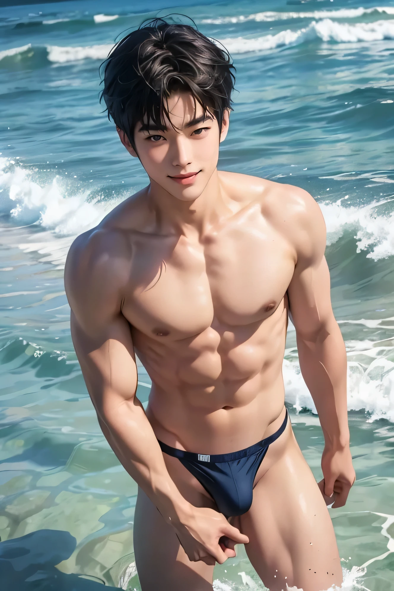 Handsome Japanese male models Short cut Slim figure barefoot smile looking at the camera soaked Ocean Tight half-tights type swimwear Bulge Topless Close-up Tight half-tights type swimwear Bulge