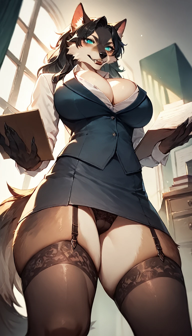 score_9, score_8_up, score_7_up, score_6_up, score_5_up, score_4_up, (solo), female anthro werewolf, secretary clothes, skirt, lusty, fluffy body, black hair, turquoise eyes, (thick thighs:1.5) ((( offering the breasts))) sex partial clothes, (((cleavage))) semi-butonned uniform niform, (barely_visible_booba) (she is crouching) , giant breasts, garter belt tights , front view, open legs showing her wite_panties (((low angle view)))