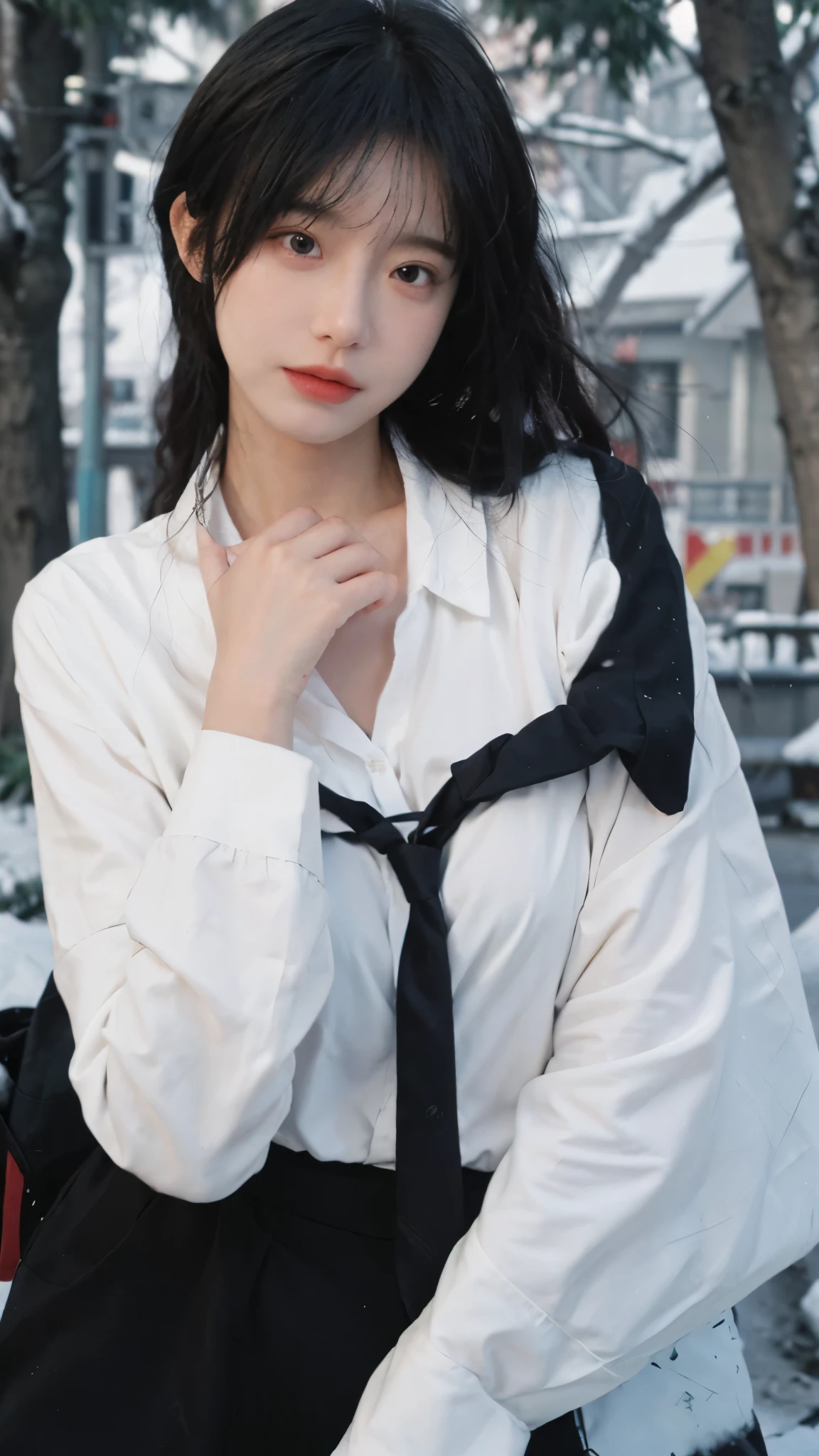 Best quality，masterpiece，1 Girl，Ultra-high resolution，snow，，16K,Snow background，（Photo Realism：1.4),JK，Sexy，（Shirt and Tie：1.2),（Big breasts：1.3),（whole body：1.8)，