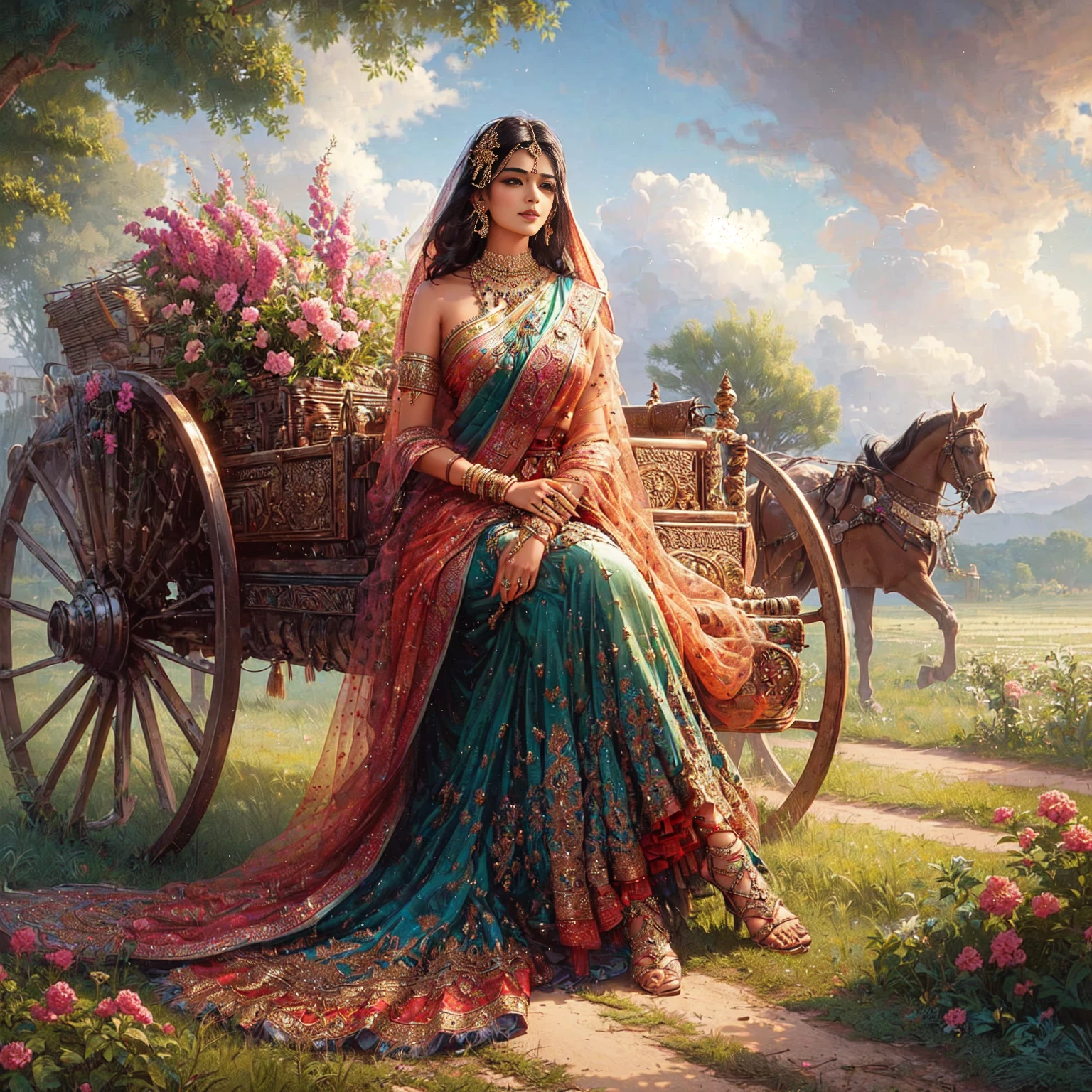 indian woman , Indian Supermodel Beautiful Indian Goddess , Hold the precepts , Realistic, exquisite , indian angel , black hair ,horse