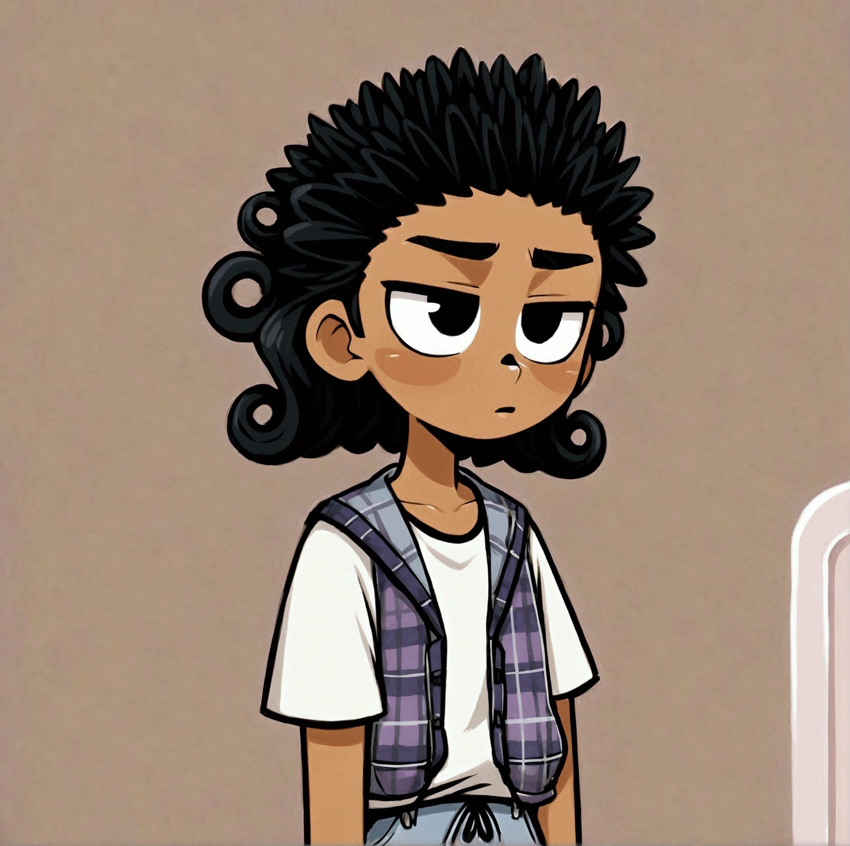 Create a cartoon-style image of a teenager with dark, curly hair, wearing a plaid tank top over a white t-shirt