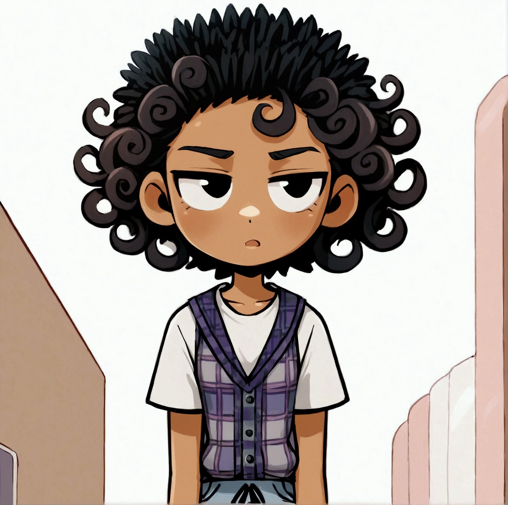 Create a cartoon-style image of a teenager with dark, curly hair, wearing a plaid tank top over a white t-shirt