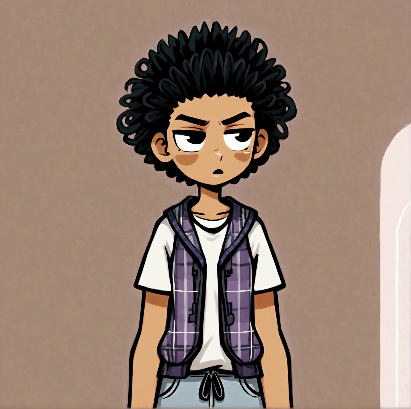 Create a cartoon-style image of a teenager with dark, curly hair, wearing a plaid tank top over a white t-shirt