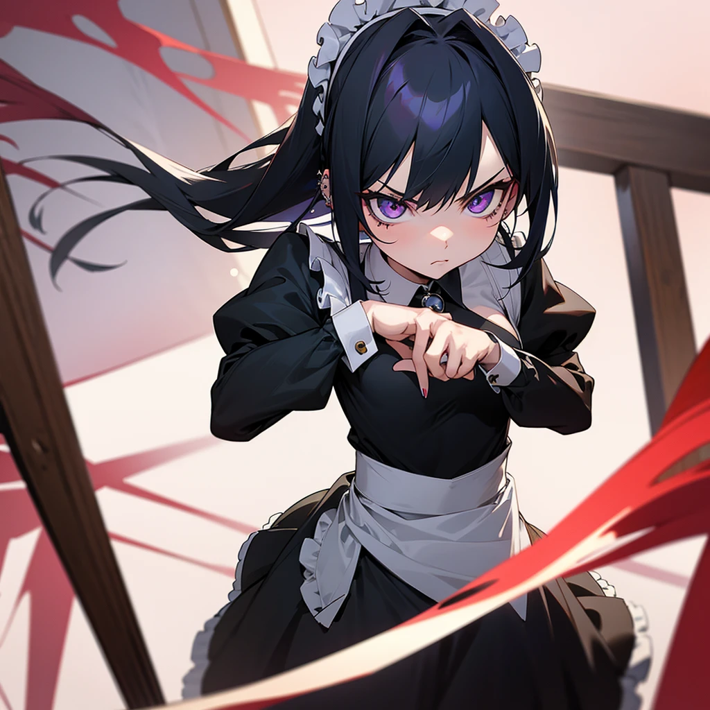 anime girl looking menacingly at camera, flat chest, dark dress, hand on cheek, piercings, maid