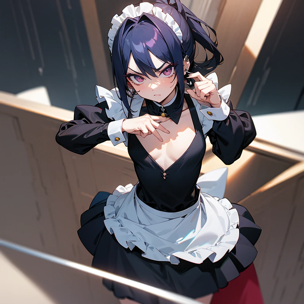 anime girl looking menacingly at camera, flat chest, dark dress, hand on cheek, piercings, maid