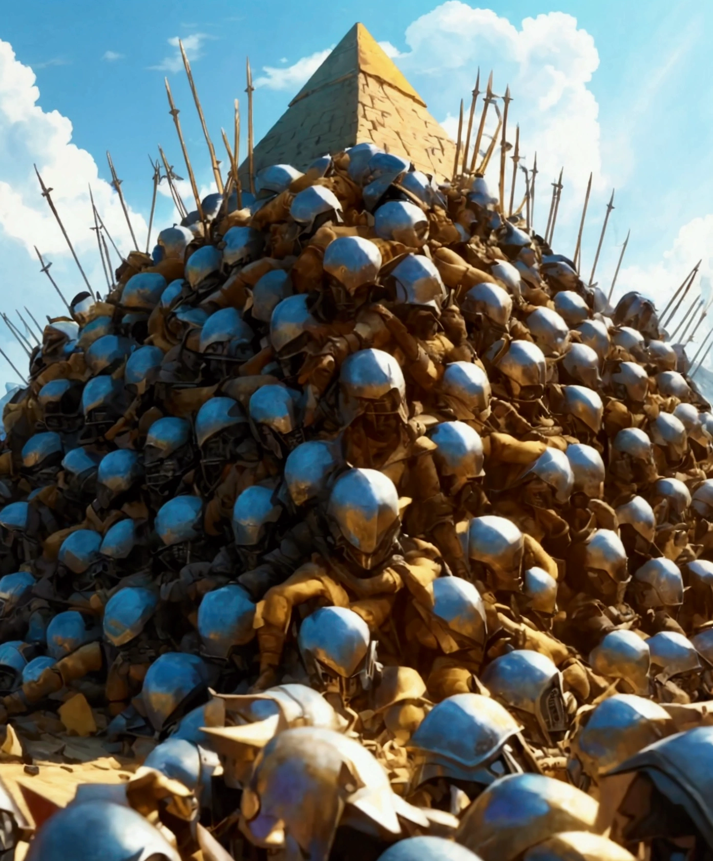 Master Piece, best quality, (extremely detailed CG unity 8k wallpaper), (best quality) 8k detail. A pyramid pile of 300 unconscious male barbarian soldiers defeated in battle. The 300 unconscious barbarian soldiers are piled up on top of each other, one by one. They are clad in armor and helmets. spikes stick out of the pile of bodies. spears with small pennant flags stick out of the pile of bodies. arms, legs and heads stick out of the pile randomly. The pile is 30 feet high.
