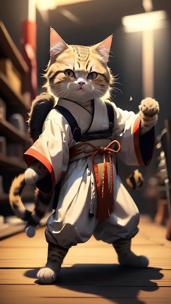 A cat wearing a samurai kimono standing in a fighting stance, gripping a sword.