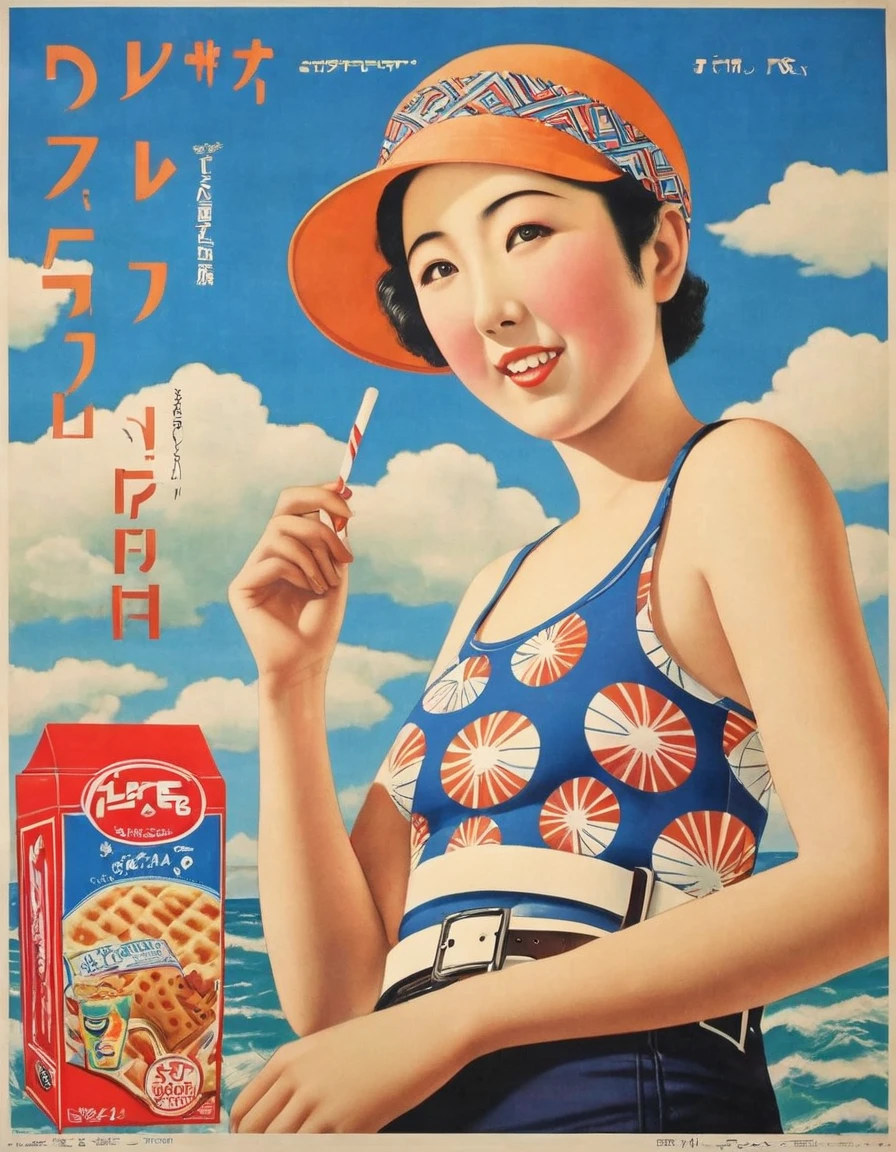 (((1930s Japanese poster)))),masterpiece,Beautiful sky,Fantasy、close-up,portrait, Eating a popsicle、Bob Hair,Japanese woman,(Japanese pompadour:1.3),narrow eyes,Expressionless,(geometric pattern tank top:1.3),(black short pants),(belt),(tight swim cap)