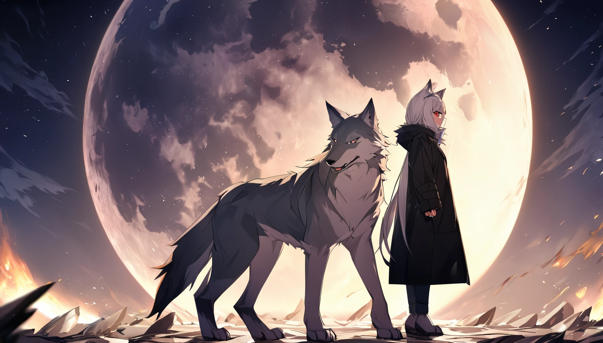 ((Wolf Girl)), ((Wolf)), Black Coat, ((Red Eyes)), ((Possessive)), ((Long Tail)), Angry, Scars, Night, Moon, HD, High Resolution, 4K
