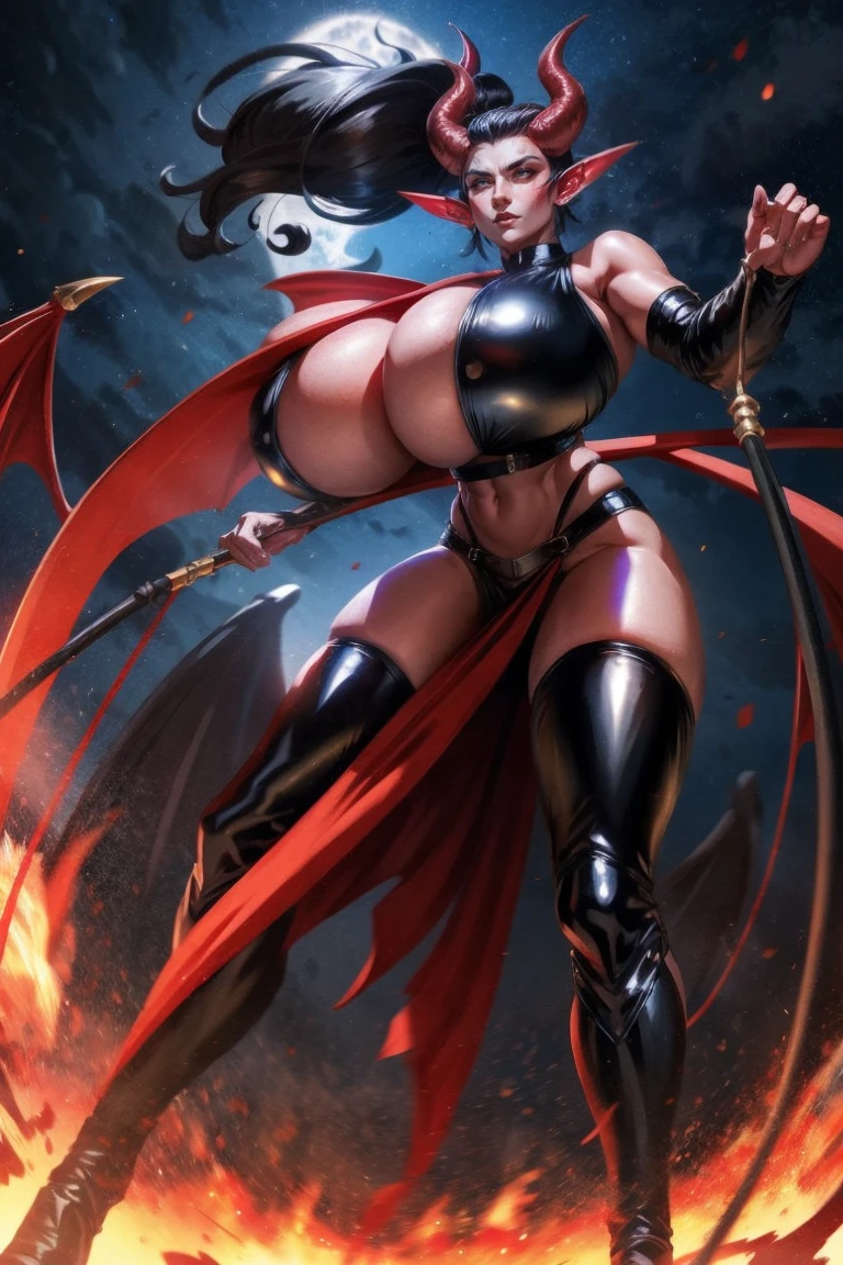 Red skin succubus tiefling, digitigrade legs, full breasts, huge breasts, black horns, wings, huge tail, black leather, crop top, long flowing pelvic curtain, tall, athletic, graceful, thin, long black ponytail. Action scene, whip. Dark scene, explosions, night sky.