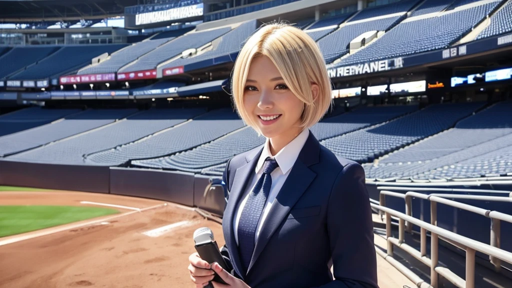 A female announcer in a suit is broadcasting live from Yankee Stadium.。Blonde Short Hair。smile