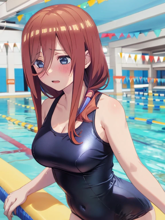 best quality, insanely detailed, miku nakano, one-piece swimsuit, breasts, blush, swimming pool background, look into the distance