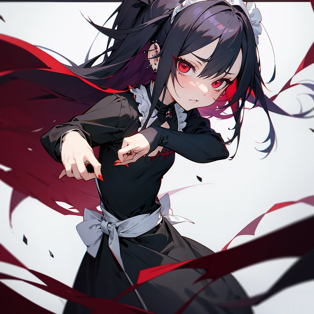 anime girl looking coldly at camera, flat chest, dark dress, hand on cheek, piercings, maid, red eyes