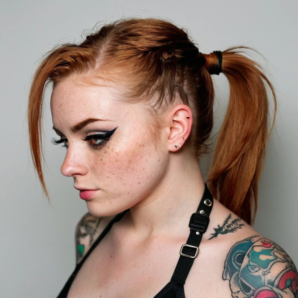 discord profile picture, instagram model, ginger girl, greek, freckles, ponytail wrapped hair, tattoed, black eyes, dark eyes, black bra, 18 years old, punk rock make up