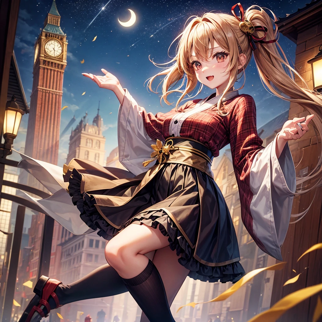 Brown and gold hair、Red gold eyes、Hair tied up、One good looking girl、solo、anime、Checkered mini skirt、Ruffles on the skirt、Checked dress、blouse、Kimono、button、geta、Black knee-high socks、Ribbon、Ribbon on waist、Teeth are visible、Starry Sky、Midnight Moon、Confetti、Brick construction、Legendary Sword、A crow is flying、clock tower