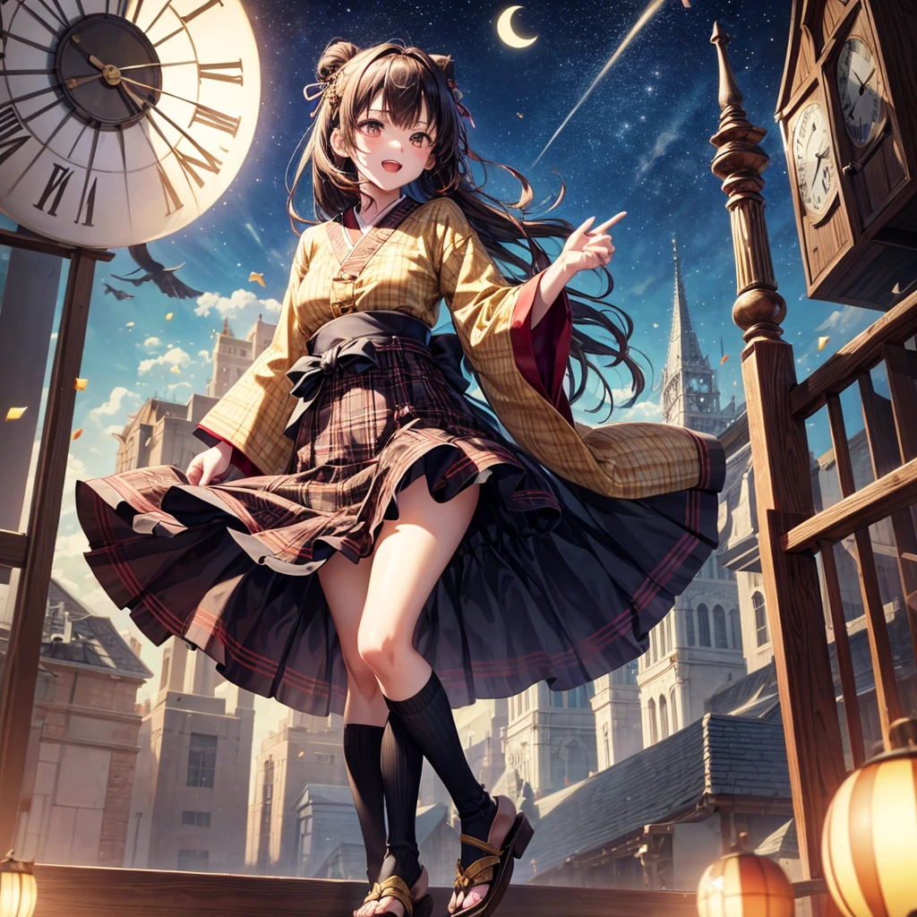 Brown and gold hair、Red gold eyes、Hair tied up、One good looking girl、solo、anime、Checkered mini skirt、Ruffles on the skirt、Checked dress、blouse、Kimono、button、geta、Black knee-high socks、Ribbon、Ribbon on waist、Teeth are visible、Starry Sky、Midnight Moon、Confetti、Brick construction、Legendary Sword、A crow is flying、clock tower