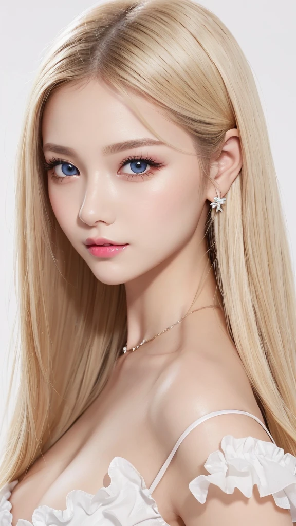 (((White background、rim light、lighting forward、shoot from above、Frills、race、See-through、forehead、White Blonde、Blonde、White Background、whole body、Up to the waist)))、Northern Europe、Russia、beautiful girl、Platinum Blonde Hair、Straight Long Hair、Big Blue Eyes、Northern Europeの若者、Glowing Skin、Young and beautiful skin、A perfect and beautiful little face、Bright makeup、Pale pink lips、Bright expression、lipstick、Intricate details、High resolution、 Detailed features of face design、Big Breasts、face-friendly lighting