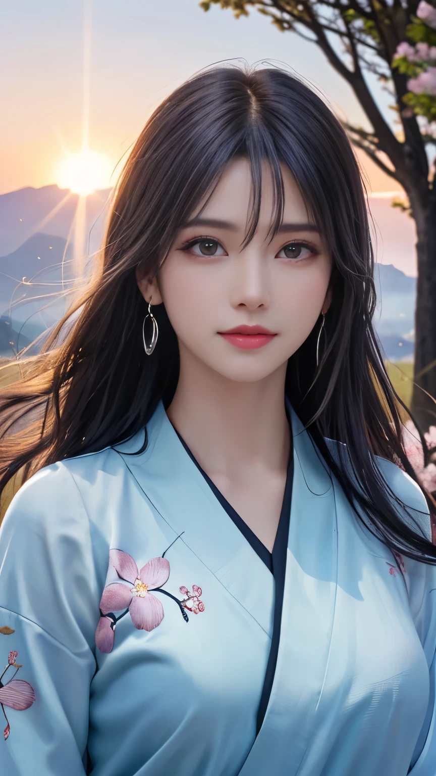 (logo, masterpiece, 32k, table top, RAW photo, wonderful, 最high quality, Photorealistic and hvery detailed CG integrated 8k wallpaper, high quality, very detailed, Narrative poem, particle effects, dynamic effects, Depth of written boundary, cinematic light, Lens flare, ray tracing, anatomically accurate)), fantasy, 1 beautiful woman, silver hair, clear eyes, long hair, beautiful face, real face, Detailed and beautiful eyes, beautiful skin, long hairがwindでなびく, long hairが跳ねる, long hairがwindで踊る, hair jump, jewelry, beautiful eyes, white kimono, white obi, White cherry blossom embroidery pattern, silver earrings, wind, blue sky, beautiful background, Ancient Wind, Xianxia, pink cherry tree, petals dance, SakuraFubuki, Spectacular view, sunrise, sun on background, wind, god々, god story, vast land,A beautiful girl,