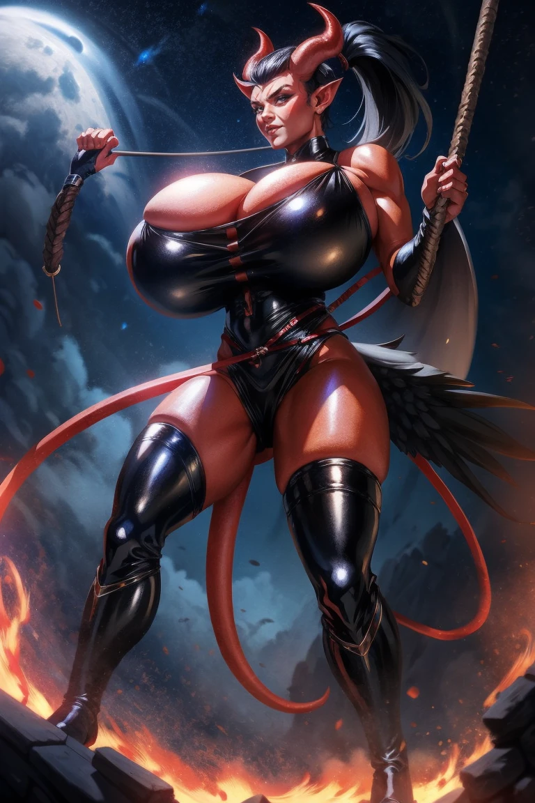 Red skin succubus tiefling, digitigrade legs, full breasts, huge breasts, black horns, wings, huge tail, black leather, sports top, long flowing pelvic curtain, tall, athletic, graceful, thin, long black ponytail. Action scene, whip. Dark scene, explosions, night sky.