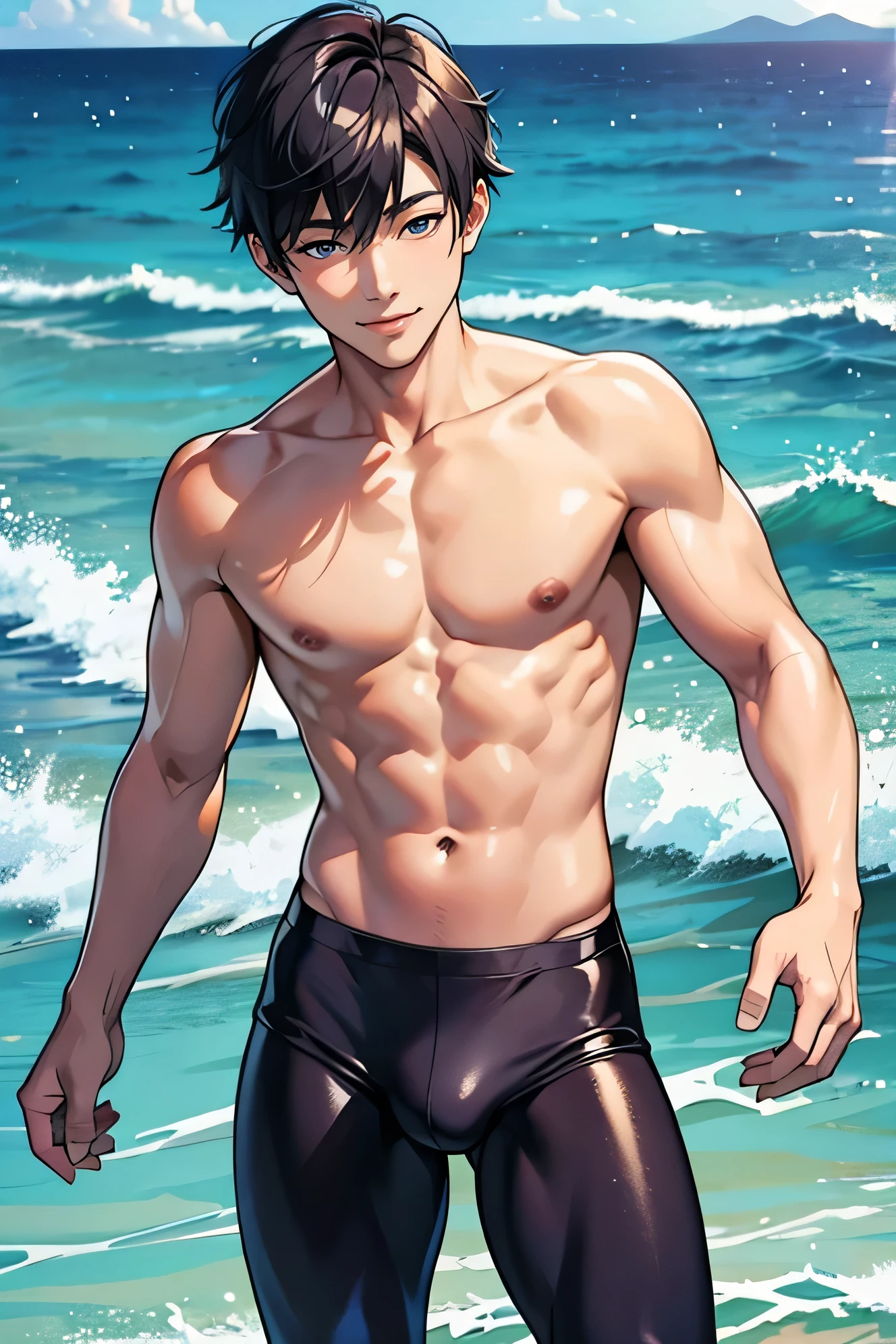 Handsome Japanese male models Short cut Slim figure barefoot smile looking at the camera soaked Ocean Tight half-tights type swimwear Bulge Topless Close-up Tight half-tights type swimwear