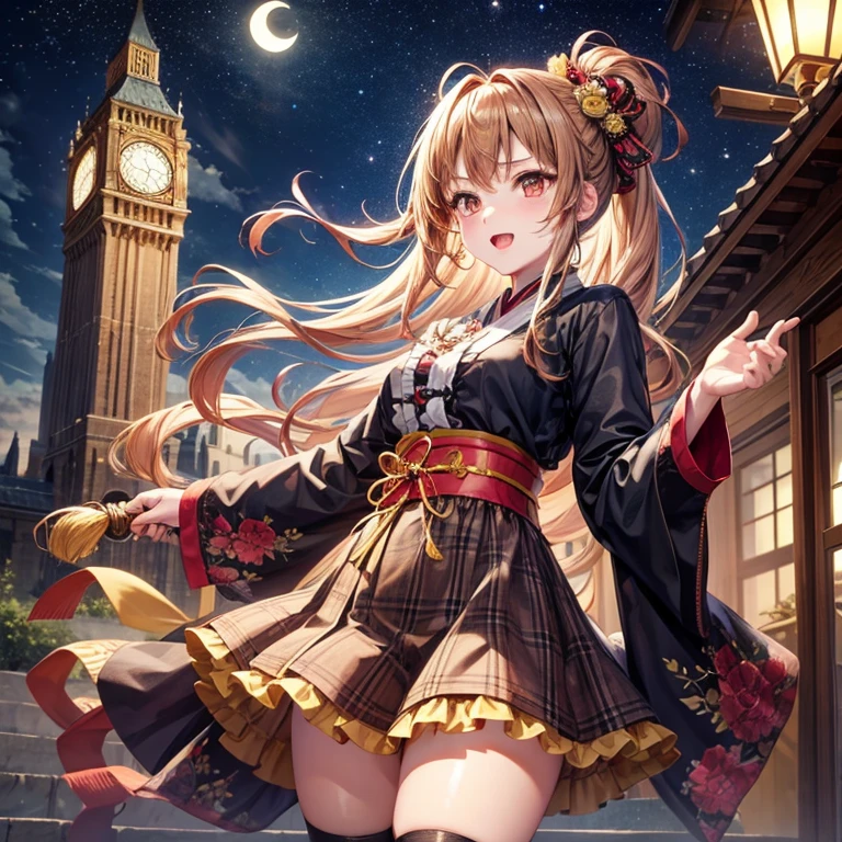 Brown and gold hair、Red gold eyes、Hair tied up、One good looking girl、solo、anime、Checkered mini skirt、Ruffles on the skirt、Checked dress、blouse、Kimono、button、geta、Black knee-high socks、Ribbon、Ribbon on waist、Teeth are visible、Starry Sky、Midnight Moon、Confetti、Brick construction、Legendary Sword、A crow is flying、clock tower