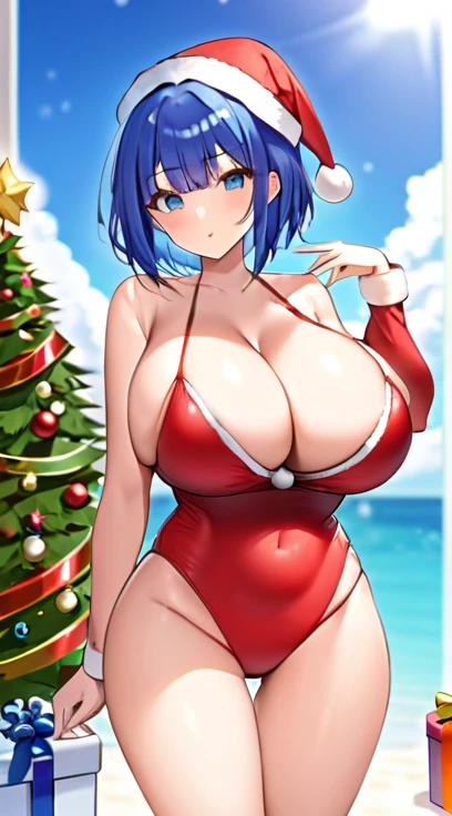 Santa costume,Swimwear,Big Breasts,Multiple births,Blue Hair,Bobcut