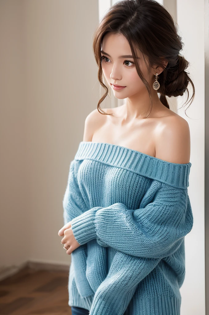 ((Highest quality)), ((masterpiece)), (detailed), One girl, Off-the-shoulder sweater, 